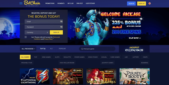 betchain casino website screen