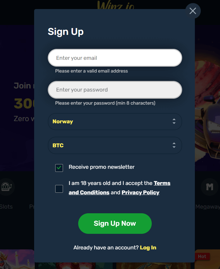 Winz.io registration page