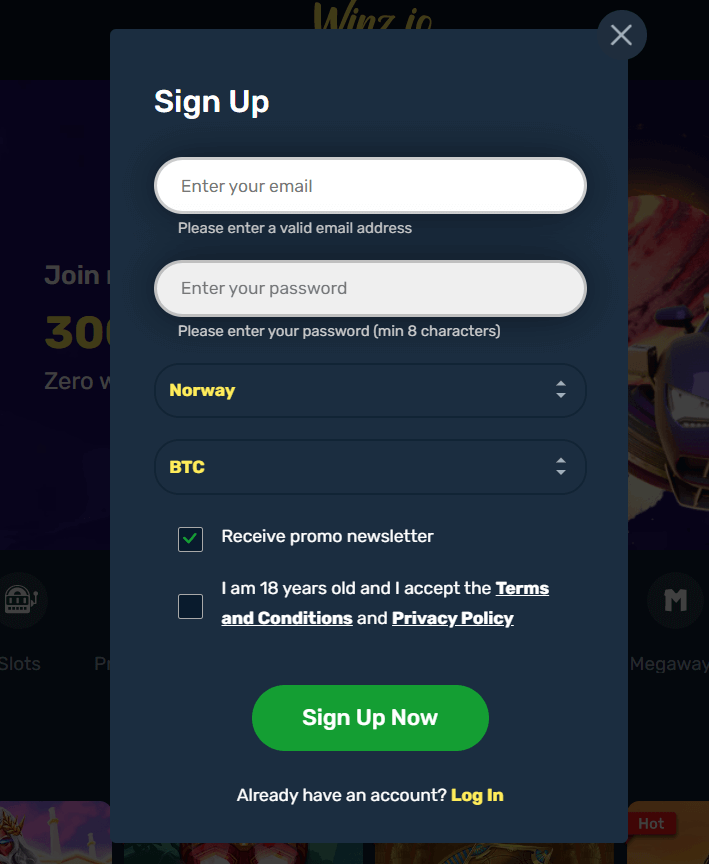 Winz.io Registration Page