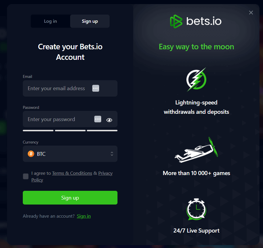 Bets.io registration page
