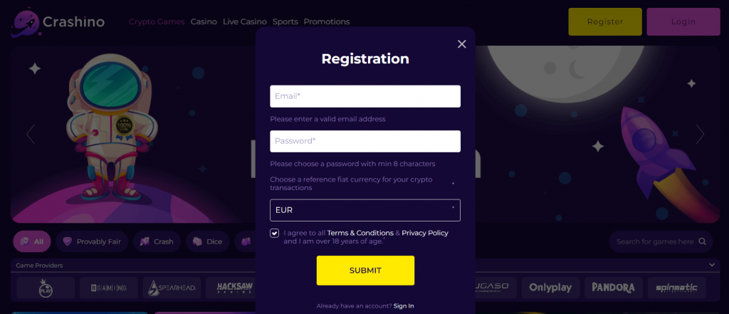 Crashino Casino registration page