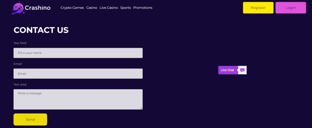 Crashino casino live chat and support