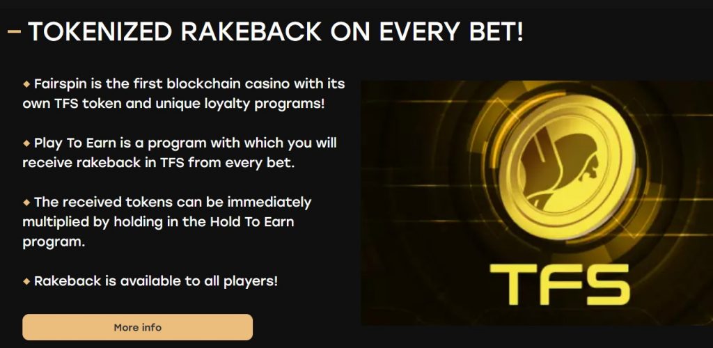 Play To Earn is a program with which you will receive rakeback in TFS from every bet